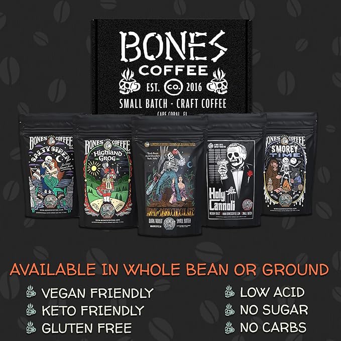 Bones Coffee Company NEW Favorite Flavors Sample Pack, Assorted Flavored Coffee Low Acid Medium Roast Arabica Beans Specialty Coffee Gifts, Auto Drip and French Press Compatible, 4 oz Pack of 5 Ground