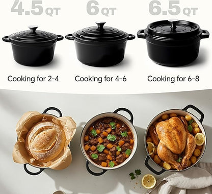6.5 Quart Dutch Oven Pot with Lid, Non Stick Enameled Cast Iron Dutch Oven for Bread Baking, Heavy-Duty, Oven Safe Ceramic Cookware Up to 500°F for Baking, Braising, Stews, Roasting, Black