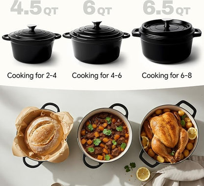 4.5 Quart Dutch Oven Pot with Lid, Non Stick Enameled Cast Iron Dutch Oven for Bread Baking,Heavy-Duty, Oven Safe Ceramic Cookware Up to 500°F for Baking, Braising, Stews, Roasting, Black