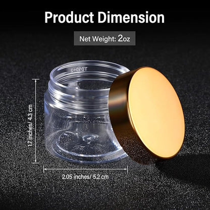 SATINIOR 24 Pieces Empty Clear Plastic Jars with Lids Round Storage Containers Wide-Mouth for Beauty Product Cosmetic Cream Lotion Liquid Butter Craft and Food (Gold Lid, 2 oz)