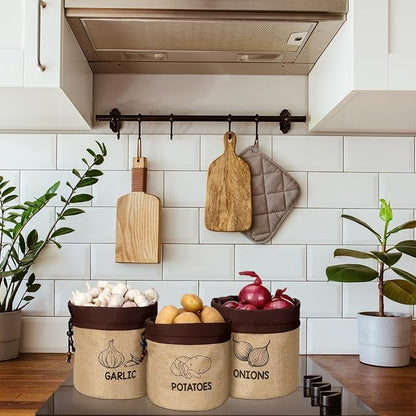 3 Pcs Potato Onion Garlic Storage Bag, Washable Vegetable Storage Bags with Blackout Lining Farmhouse Kitchen Potato Sacks Food Onion Garlic Container for Pantry(Classic,Barncloth)