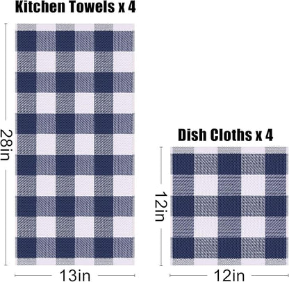 Homaxy Kitchen Towels and Dishcloths Set, 12 x 12 and 13 x 28 Inches, Set of 8 100% Cotton Waffle Weave Check Plaid Kitchen Dish Towels, Super Soft and Absorbent Dish Cloths, White & Navy Blue