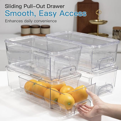 Audend Clear Stackable Storage Bins with Lids, 4 Pack Plastic Storage Containers with Handle for Pantry and Snack Organizers, Suitable for Kitchen, Bathroom, Fridge, Cabinet