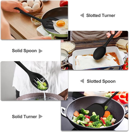 TeamFar Silicone Cooking Utensils, 4pcs Kitchen Utensils Set with Silicone Spatulas & Spoons, Heat-Resistant Solid & Slotted Cooking Spoons Turners for Non-stick Cookware, Dishwasher Safe, Black