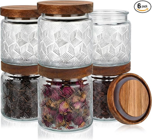 Suclain 6 Pcs 17 OZ Vintage Glass Jar with Acacia Wood Lids Airtight Glass Storage Canisters Kitchen Spice Jars Food Storage Containers for Pantry Coffee Grains Tea Sugar Flour(Fan-shaped)