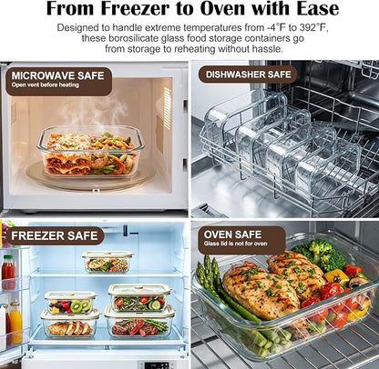 4 Pack Glass Meal Prep Containers Set with Glass Lids, Plastic-Free Glass Food Storage Containers, Multi-Size Glass Food Prep Containers for Lunch, Leftovers, Microwave, Freezer (12, 21, 35, 50 oz)