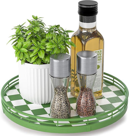 Premium Rubber Wood Lazy Susan Turntable, Green White Checkerboard Decorative Serving Tray, Hand-Welded Metal Railing, Stable Rotating Organizer for Dining Table, Kitchen Counter, Coffee Table Decor