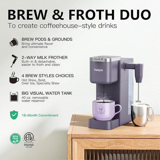 Tastyle 330MF Single Serve Coffee Maker with Built-in Detachable Milk Frother, Iced and Hot Coffee Machine for K Cup & Grounds, 40oz Removable Water Tank, 6 Cup Sizes, Fits 7.3" Travel Mug, Purple