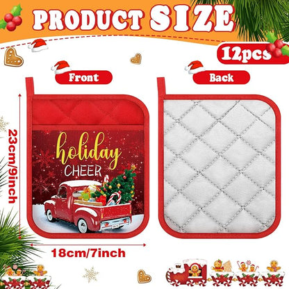 Roshtia 12 Pcs Christmas Pot Holders with Pocket Retro Xmas Farmhouse Pot Holders for Kitchen Winter Hot Pads Oven Mitts Cookie Bag Cute Heat Resistant Oven Gloves for Kitchen Gift Baking Cooking