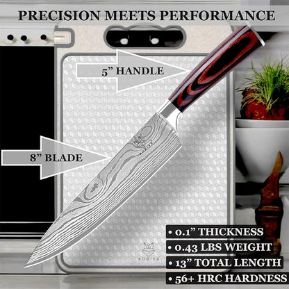 Japanese Chef Knife 8 Inch | High Carbon Stainless Steel Kitchen Knife | Ultra Sharp Damascus-Pattern Blade | Ergonomic Handle | Professional Cooking Knife for Meat, Fish & Vegetables | Gift