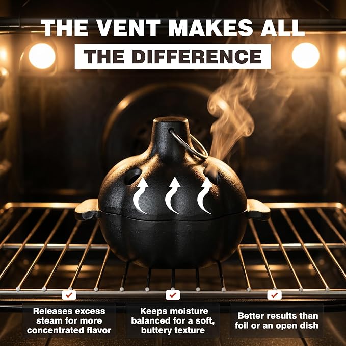 KUHA Cast Iron Garlic Roaster | Pre-Seasoned Small Cast Iron Cooker with Lid & Handle | Cookware for Smoker, Oven & Grill | Roast Garlic & Veggies | Lifter & Cleaning Brush Included | 5.3" Wide