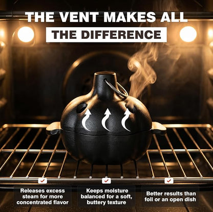 KUHA Cast Iron Garlic Roaster | Pre-Seasoned Small Cast Iron Cooker with Lid & Handle | Cookware for Smoker, Oven & Grill | Roast Garlic & Veggies | Lifter & Cleaning Brush Included | 5.3" Wide