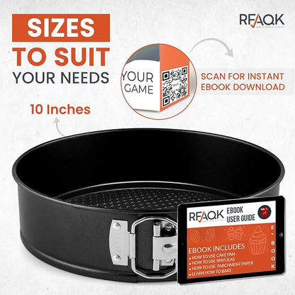 RFAQK 10 Inch Springform Pan Nonstick Leakproof - Spring Form Pan for Cheesecake with Removable Bottom, Include 50pcs Parchment Paper, Recipe E-Book - Perfect for Baking Cheese Cakes, Pizzas, & More!