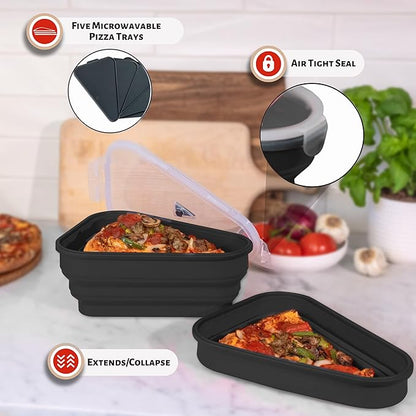 PIZZA PACK The Perfect Reusable Pizza Storage Container with 5 Microwavable Serving Trays - BPA-Free Adjustable Pizza Slice Container to Organize & Save Space, 3 Pack, Black
