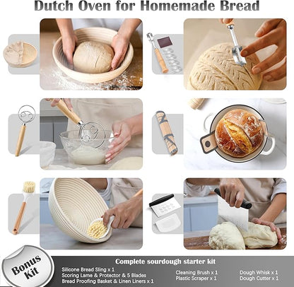 E-far Enameled Dutch Oven Pot for Bread Baking, 6QT Enameled Cast Iron Cookware with Self-Basting Lid & Sourdough Bread Baking Supplies, Heavy Duty Casserole Pot & Dual Handles-White