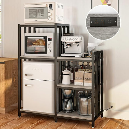 METYERRY6-Tier Adjustable Mini Fridge Cabinet With Power Outlet,Kitchen Bakers Rack With storage,Mini Fridge And Microwave Stand,Coffee Bar, Free Standing Shelf for Kitchen, Home Office,Balcony,Greige