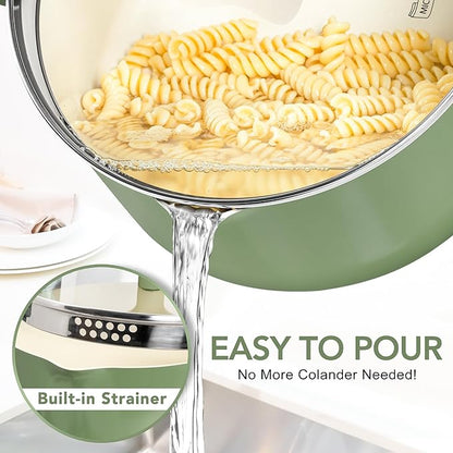 MICHELANGELO Pasta Pot with Strainer Lid - 6 Quart Cooking Pot with Lid, Non Stick Spaghetti Pot Ceramic Coated with Twist and Lock Handles for Easy Draining, Induction Compatible, Roden Green