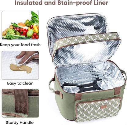 Double Layer Slow Cooker Carrier Bag for 6-8 Quart Oval CrockPot, Insulated Crock Pot Travel Bag with Top Zip Compartment and Front Pocket for Utensils