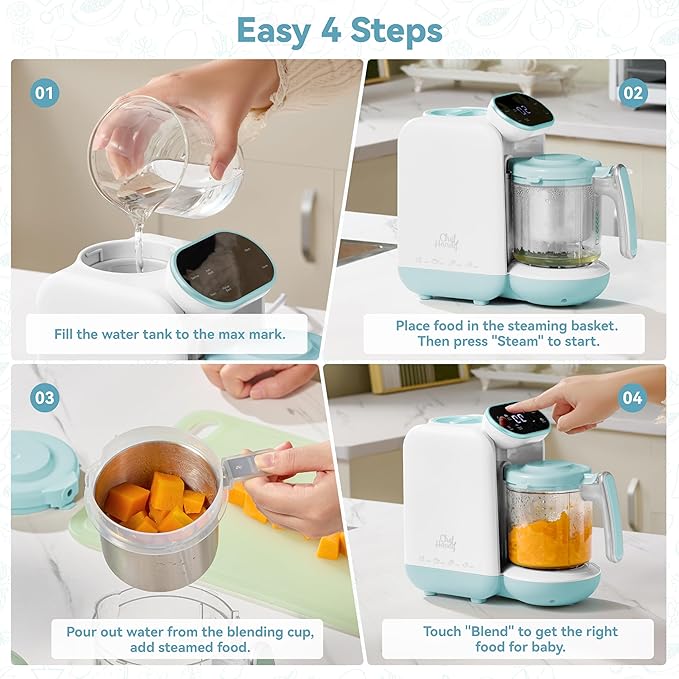 Chefhandy Baby Food Maker with Stainless Steel Steam Basket, One-Step Baby Food Processor Steamer Blender Puree Maker, Auto Steam & Blend for Homemade Baby Food, Includes 6 Reusable Food Pouches