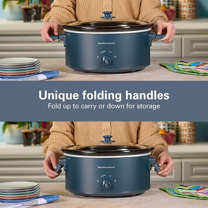 Hamilton Beach 6 Quart Slow Cooker with Space-Saving Folding Handles, 3 Heat Settings, Dishwasher Safe Stoneware Crock and Glass Lid, Kitchen Makeover Blue (33608)