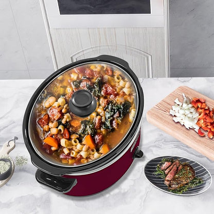 HOMECOOKIN 7 Quart Slow Cooker Oval Manual Pot Food Warmer with 3 Cooking Settings, Red Stainless Steel