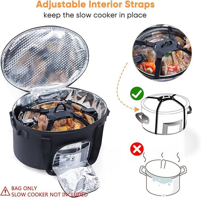 Double-Layer Slow Cooker Carrying Bag for 6-8 Quart CrockPot and Hamlton Beach Slowcooker, Travel Bag with Lid Fastener for Crock-pot, Portable Carrier with See-throught Window (BAG ONLY)