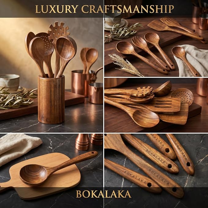 Wooden Spoons for Cooking,10 Pcs Natural Teak Wooden Kitchen Utensils Set Wooden Utensils for Cooking Wooden Cooking Utensils Wooden Spatulas for Cooking (10)