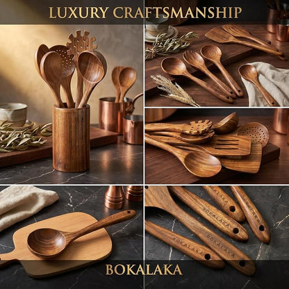 Wooden Spoons for Cooking,10 Pcs Natural Teak Wooden Kitchen Utensils Set Wooden Utensils for Cooking Wooden Cooking Utensils Wooden Spatulas for Cooking (10)