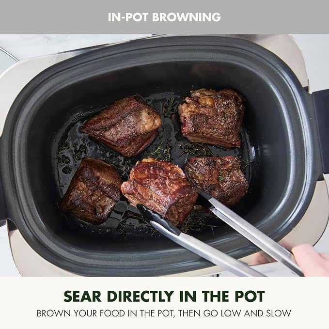 GreenPan Elite 14-in-1 Nonstick 6QT Electric Slow Cooker, PFAS-Free Ceramic Multi-Cooker, In-Pot Browning, Dishwasher Safe Lid & Removable Crock, Stainless Steel Steamer, Silicone Handles, White
