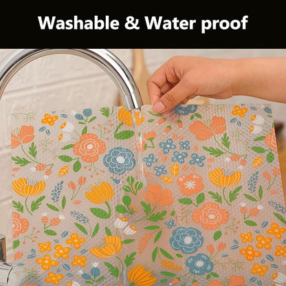 INNOLITES Shelf Liner for Kitchen Cabinets, Non-Adhesive Drawer Liner, Waterproof Washable EVA Floral Pattern, Protect Dresser Cupboard Refrigerator Shelves (Honey Coral Blue, 17.5" x 197")