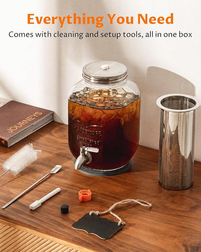 1 Gallon Cold Brew Coffee Maker – Heavy Duty Glass Iced Coffee Maker with Stainless Steel Filter, 128oz Mason Jar Cold Brew Pitcher with Spigot Perfect for Iced Coffee, Cold Brew, and Iced Tea Brewing