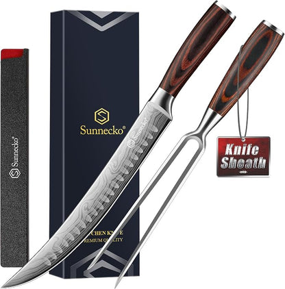 Sunnecko Butcher Knife,Razor Sharp Breaking Knife for Meat Cutting,High Carbon German Steel Carving Knives with Meat Fork