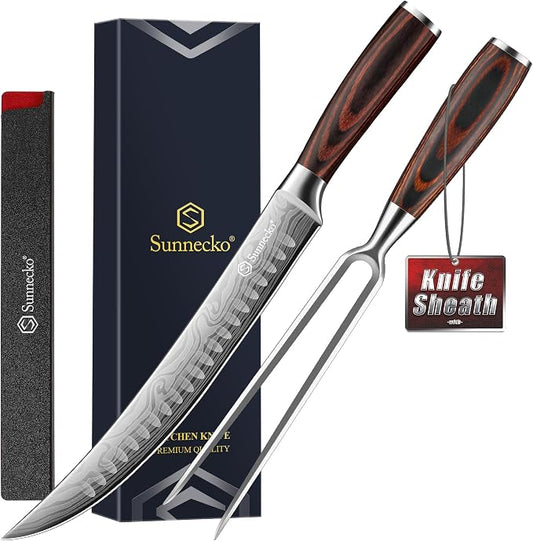 Sunnecko Butcher Knife,Razor Sharp Breaking Knife for Meat Cutting,High Carbon German Steel Carving Knives with Meat Fork
