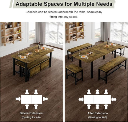 Feonase 5-Piece Dining Table for 4-8 People, 63" Extendable Kitchen Table Set with 2 Benches & 2 Square Stools, Dining Room Table with MDF Wood Board, Easy Clean, Rustic Brown