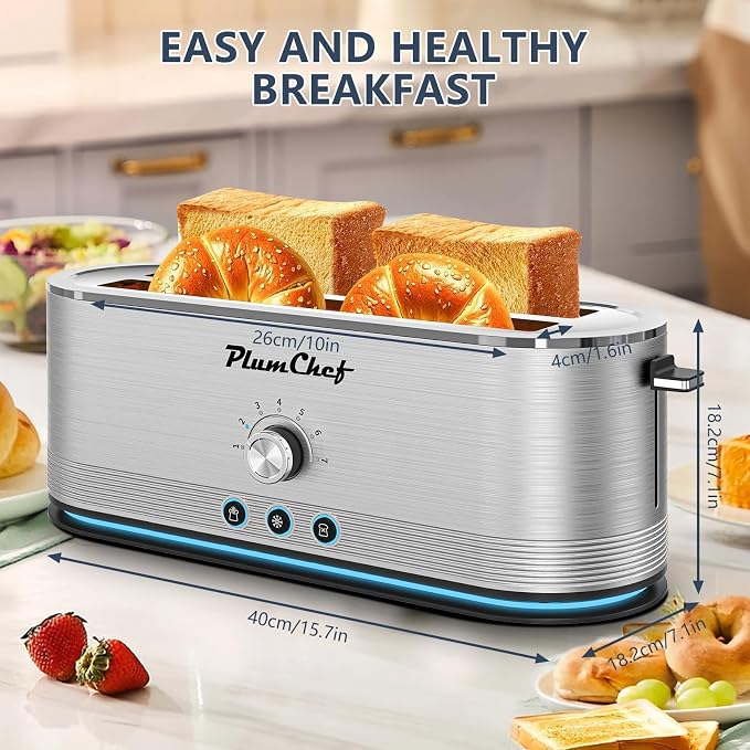 Plum chef 4-Slice Toaster, Extra Wide Long SIot Toaster, 7 Browning Settings,Defrost/Reheat Functions, Removable CrumbTray, Stainless Steel Housing,Anti-Fingerprint & Anti-Jam (Stainless Steel)