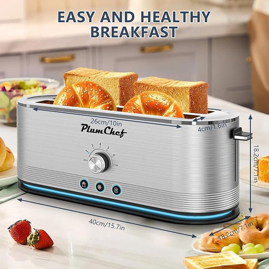 Plum chef 4-Slice Toaster, Extra Wide Long SIot Toaster, 7 Browning Settings,Defrost/Reheat Functions, Removable CrumbTray, Stainless Steel Housing,Anti-Fingerprint & Anti-Jam (Stainless Steel)