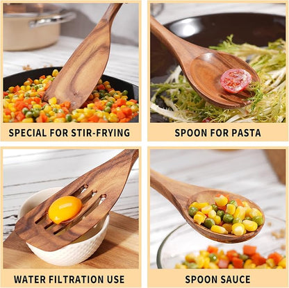 Wooden Utensil Set 9 Pcs,Sturdy & Easy to Clean, Natural Teak Wooden Spoons for Cooking,Spatula Set, Slotted Spoon, Wooden Spoon Set,Terrific for Everyday Kitchen Tasks