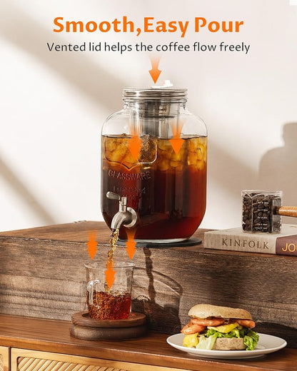 1 Gallon Cold Brew Coffee Maker – Heavy Duty Glass Iced Coffee Maker with Stainless Steel Filter, 128oz Mason Jar Cold Brew Pitcher with Spigot Perfect for Iced Coffee, Cold Brew, and Iced Tea Brewing