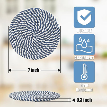 Trivets for Hot Dishes, Hot Pads for Kitchen, 7'' Trivets for Hot Pots and Pans, Pot Holders for Kitchen, Pot Holders Heat Resistant 4-Pcs, Kitchen Essentials for New Home (Blue)