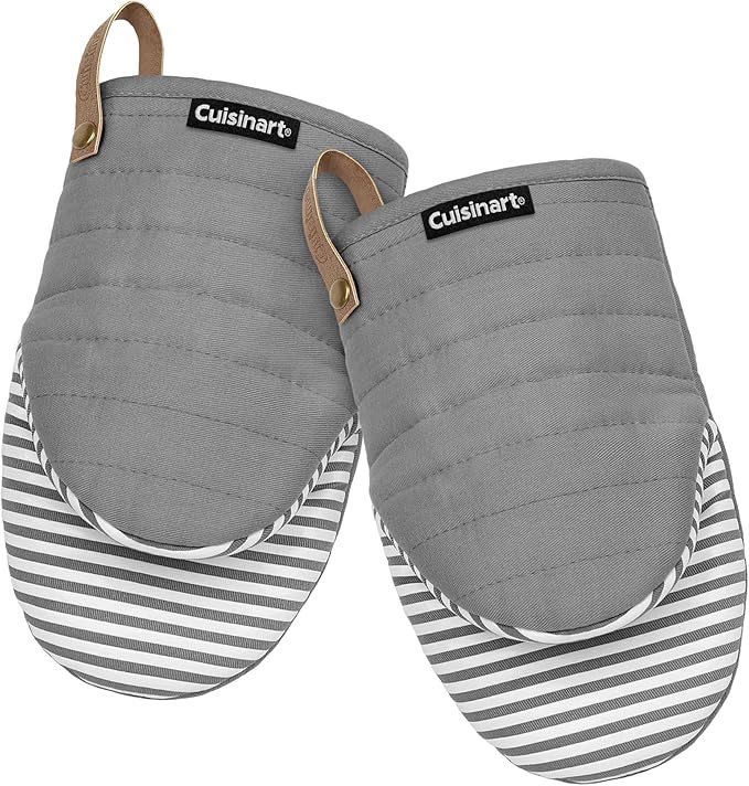 Cuisinart Mini Oven Mitts – 5.5” x 8” Heat-Resistant Kitchen Mitts for Oven with Non-Slip Printed Silicone, Cotton Filling, and Faux Leather Loop – Durable Oven Mitt Set for Cooking & Baking