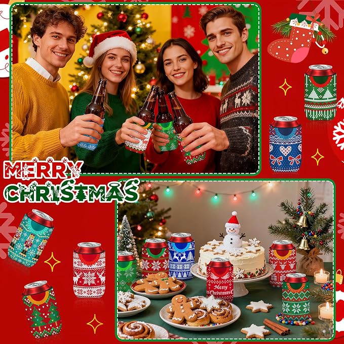 18 pack Christmas Can Cooler Sleeves Beer Drink Sweater Style Can Bottle Cooler Sleeves Collapsible for Christmas Holiday Party Decorations Supplies Favors