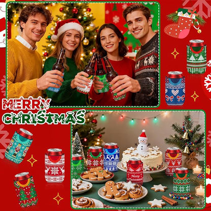 18 pack Christmas Can Cooler Sleeves Beer Drink Sweater Style Can Bottle Cooler Sleeves Collapsible for Christmas Holiday Party Decorations Supplies Favors