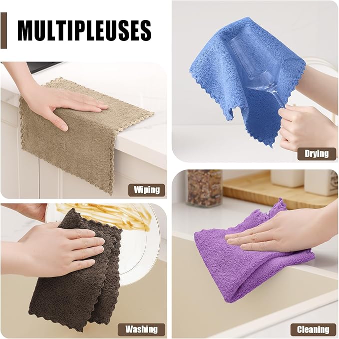 Kitinjoy 24 Pack Kitchen Dish Cloths, Super Soft and Absorbent Coral Velvet Dish Towels (10 x 10 Inches, White/Tan/Grey/Navy Blue/Brown/Grass Green)