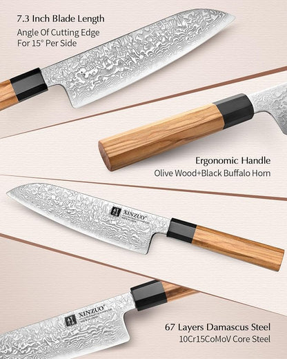 XINZUO 7.3 Inch Santoku Knife, Hand Forged 67 Layers Damascus Super Steel Chef Knife, Japanese Chopping Knife Ultra Sharp, Professional Kitchen Knife with Olive Wood Octagonal Handle