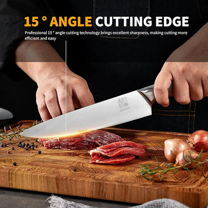 Premium Quality 14-Piece Knife Set with Block, Professional Chef Knife Set - Ultra-Sharp Kitchen Knives with Ergonomic Wood Handle, Ideal for Home, Outdoor, Camping, BBQ, and Gifts for Men