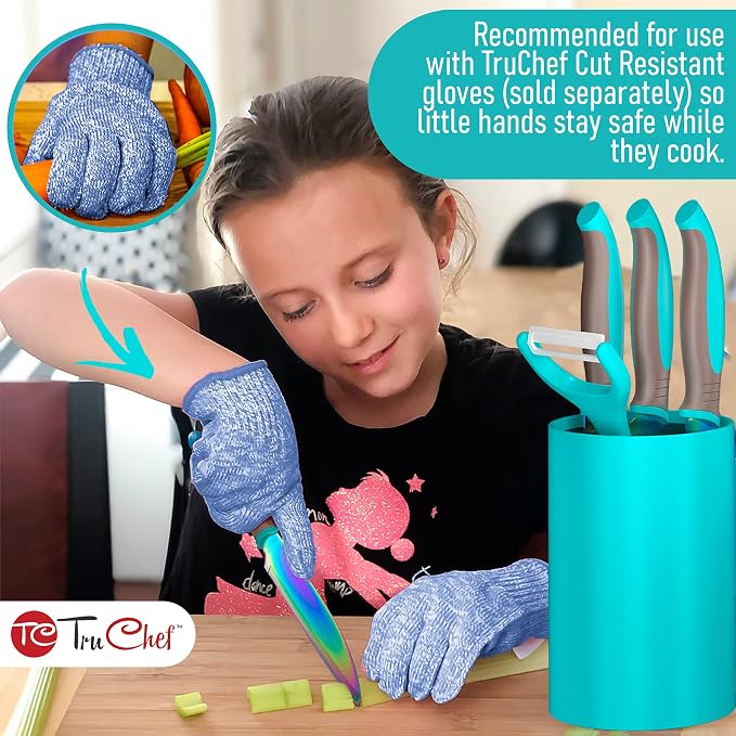 TruChef 5-Piece Kids Cooking Chef Knife Set | Real Stainless Steel Knives with Peeler, Serrated Knife & Holder | Kids Safe Rounded Tips, Easy-Grip Handles | Kitchen Knife Set (5 pcs, Aqua)