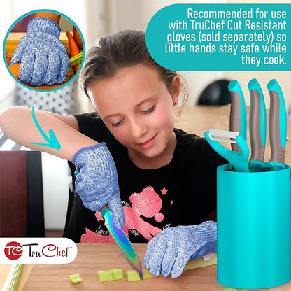 TruChef 5-Piece Kids Cooking Chef Knife Set | Real Stainless Steel Knives with Peeler, Serrated Knife & Holder | Kids Safe Rounded Tips, Easy-Grip Handles | Kitchen Knife Set (5 pcs, Aqua)