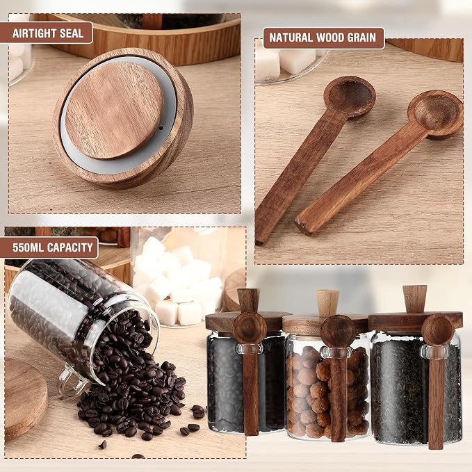 Remerry Set of 4 Glass Jar with Wooden Lid and Spoon, 20 oz Coffee Bean Tea Sugar Jar Set, Clear Airtight Spice Canisters Glass Food Storage Kitchen Containers for Coffee Bean Tea Sugar