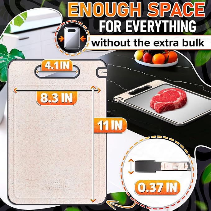 Titanium Cutting Board with Knife Sharpener 14.3"x9.8" – Double Sided GR1 Titanium Cutting Boards for Meat, with Wheat Straw + PP Side for Fruits – Built-in Handle, Garlic Grater & Juice Grooves