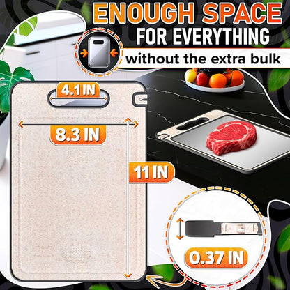 Titanium Cutting Board with Knife Sharpener 14.3"x9.8" – Double Sided GR1 Titanium Cutting Boards for Meat, with Wheat Straw + PP Side for Fruits – Built-in Handle, Garlic Grater & Juice Grooves